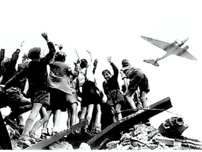 Berlin Airlift - kids cheering cargo plane