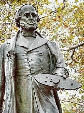 Inventor John Ericsson's Statue holding Monitor Model
