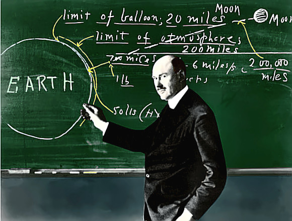Scientist Robert Goddard at the chalkboard