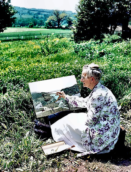 Primitive Painter Grandma Moses at work in the field