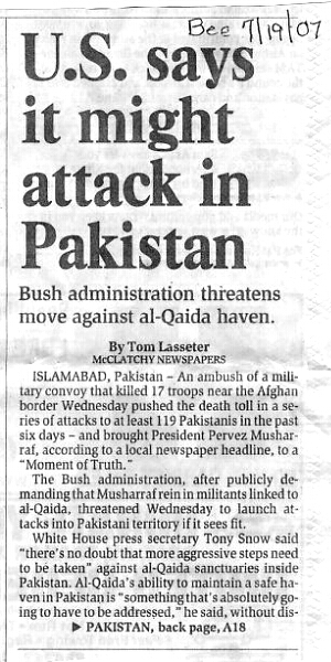 Pakistan Attack story, Sacramento Bee 7/19/07