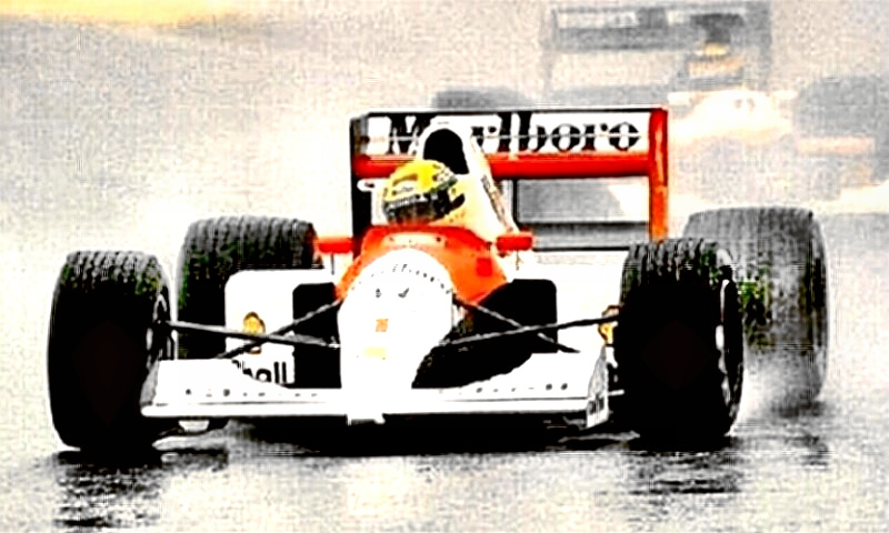 Formula 1 driver Ayrton Senna driving in the rain
