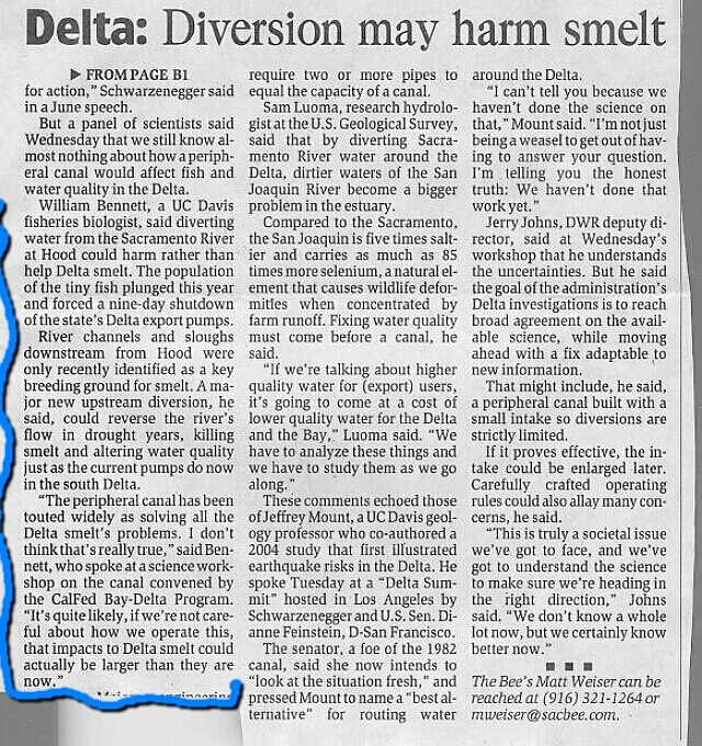 Delta Smelt story from Sacramento Bee of 8/23/07