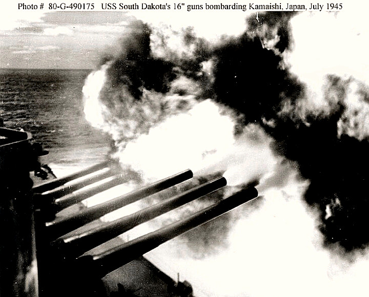 USS South Dakota (BB-57) bombards Japanese Islands in July 1945